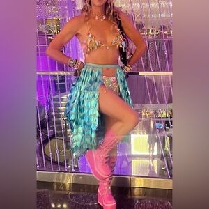 Rave festival turquoise skirt/wrap & candy chain bra size small